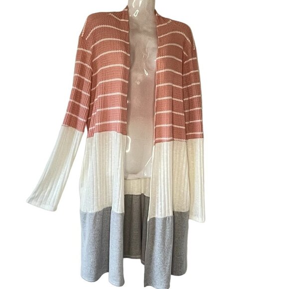 Haptics Open Cardigan Color Block Sweater Coat Tunic Length with Side Pockets - Picture 1 of 5